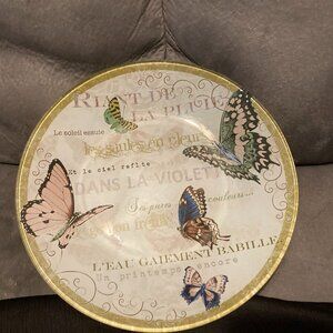 VTG Butterfly Plate-Reverse Decoupage Glass Plate w/French Inscriptions-8" D-EUC